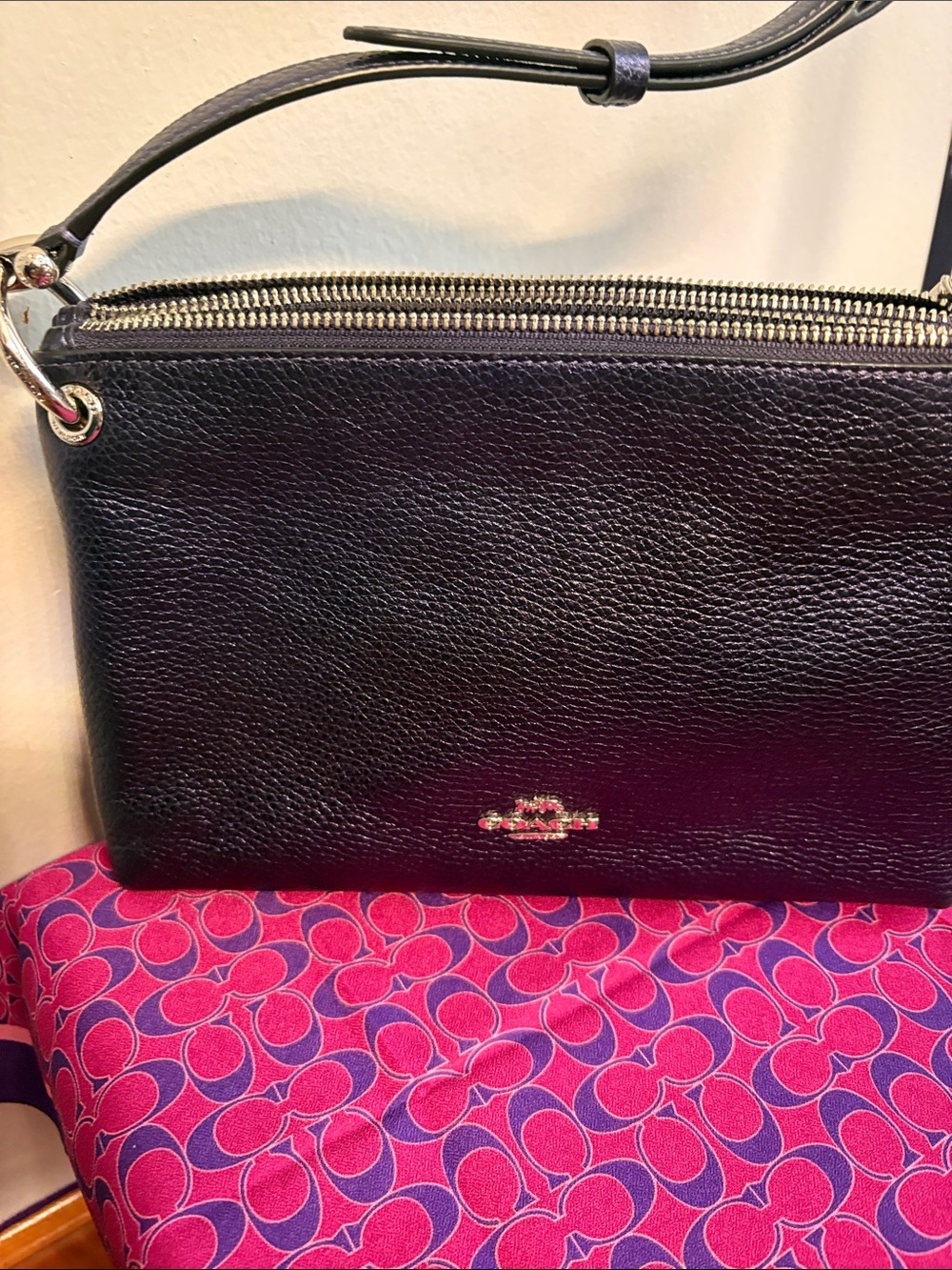 Coach Mia iridescent blue Pebbled Leather Double-Zip Crossbody with Silver
